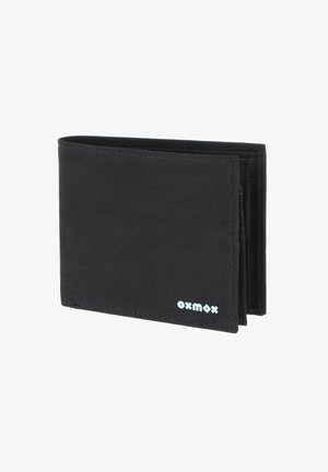 Black bi-fold wallet with visible stitching and light blue "oxmox" logo on the lower right corner.