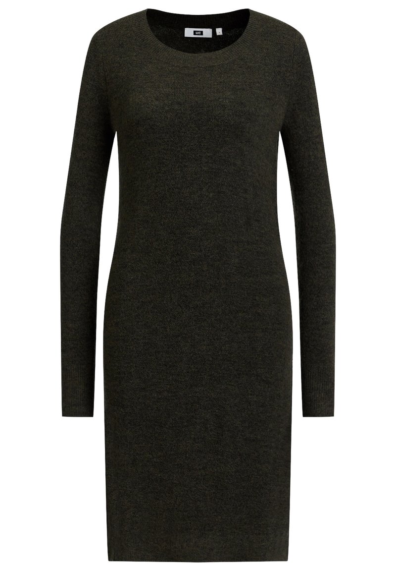 Mörkgrön stickad klänning med långa ärmar, rundad halsringning och en figurnära silhuett. Mjuk textur med en jämn finish.
