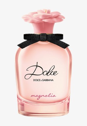 Flacon de parfum en verre rose avec un bouchon en forme de magnolia, nœud noir, étiqueté "Dolce Dolce & Gabbana magnolia" sur le devant.