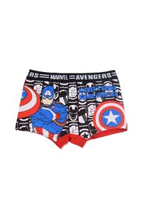 Marvel Avengers Jungenunterwäsche mit Captain America. Schwarzer Stoff mit bunten Drucken, roten Akzenten und gewagtem Grafikdesign.