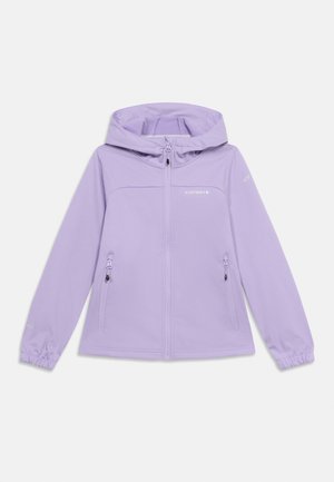 Svijetloljubičasta jakna s kapuljačom i prednjim patentnim zatvaračem, dva džepa s patentnim zatvaračima, elastičnim manžetama i diskretnim logotipima marke na prsima i rukavu.