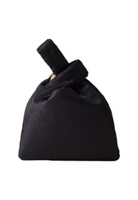 Soft black textured fabric handbag with a knotted handle and gold clasp detail, shown against a white background.
