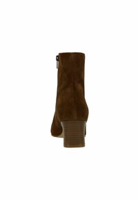 Bottine en daim marron avec un talon bloc, fermeture éclair sur le côté, texture lisse et design à bout arrondi.