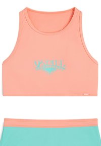 Korallfarget crop top med turkise "O'Neill Surf Supply Co."-logo, laget av glatt materiale, har rund halslinning og er uten ermer.