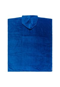 Blå hætteponcho lavet af blødt, plysj stof. Har en stor hætte og rektangulær form, med en glat overflade og ensartet farve.