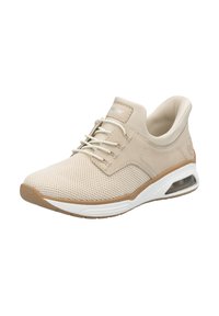 Scarpa sportiva beige con tomaia in mesh, accentuata da un tallone liscio, lacci elastici e una suola intermedia bianca con un'unità di ammortizzazione ad aria visibile.