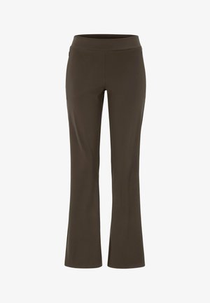 Braune ausgestellte Hose aus dehnbarem, glattem Stoff; hat einen hohen Bund und keine sichtbaren Taschen. Sauberes Design in einfarbig.