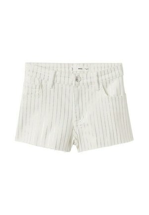 Shorts en denim blanc avec de fines rayures verticales argentées, bouton sur le devant, passants pour ceinture et poches avant.