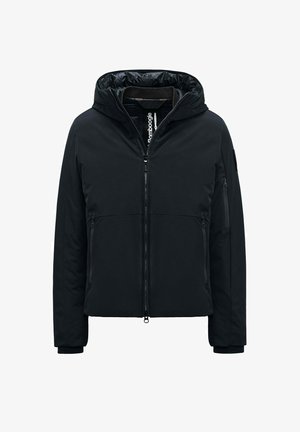Giacca nera imbottita con cappuccio, dotata di zip frontale, due tasche laterali con zip e polsini elasticizzati. Tessuto liscio e idrorepellente.