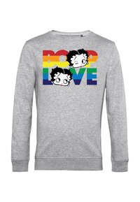 Grauer Sweatshirt mit einem bunten "BOOP LOVE" Schriftzug-Design und zwei Cartoon-Gesichtern. Glatte Textur und gerippte Bündchen und Saum.