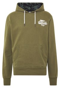 Olivově zelená kapuce s klokánkovou kapsou, bílými šňůrkami a logem na hrudi. Měkká látka a žebrované manžety a lem.