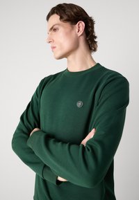 Felpa verde con collo a giro, polsini a costine e un piccolo logo ricamato sul petto. Texture liscia e vestibilità rilassata.