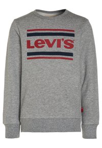 Felpa grigia in puro cotone, con un design a strisce rosse e blu navy sul petto, con il logo "Levi's" ben in vista.