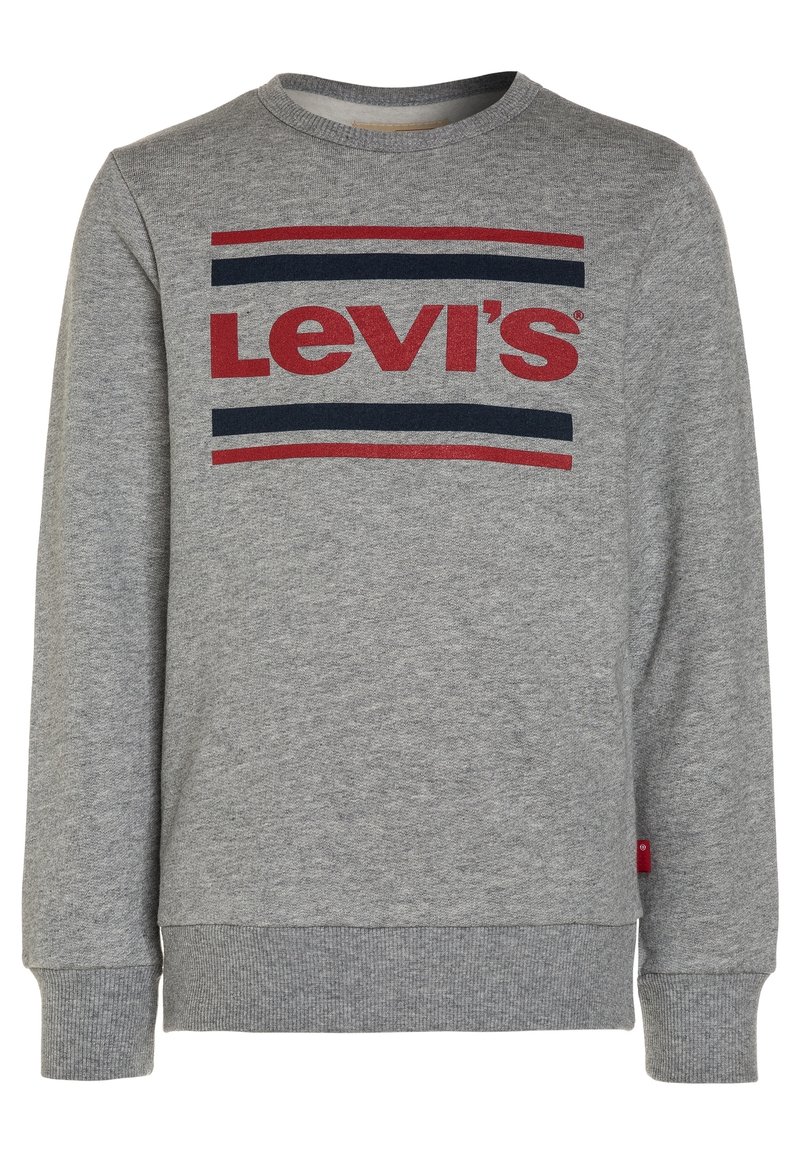 Felpa grigia in puro cotone, con un design a strisce rosse e blu navy sul petto, con il logo "Levi's" ben in vista.