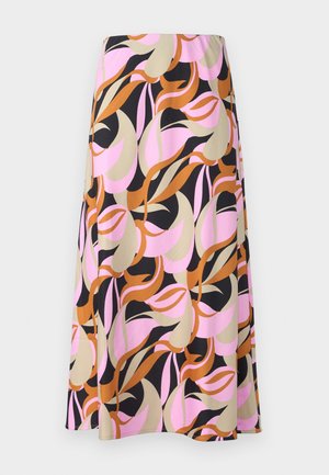 Een gemusterde rok met wervelingen van roze, beige, bruin en zwart. Gemaakt van een soepele stof, heeft het een vloeiende ontwerp en een knielange snit.