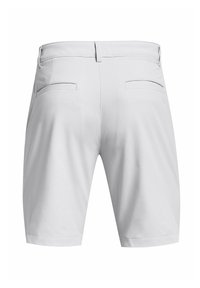 Helle graue Shorts aus glattem Stoff, mit einem flachen Bund und zwei hinteren Taschen mit dezenten Nähten.