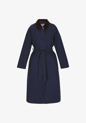 Navy trenchcoat van lichtgewicht stof, met een bruine kraag, lange mouwen en een tailleband, voorzien van zijzakken.
