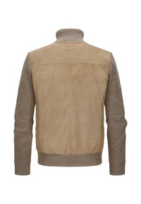 Hellbeige Lederjacke mit geripptem Strickkragen und Ärmeln. Besitzt eine glatte Textur am Körper und ein kontrastierendes Strickmuster an den Ärmeln.