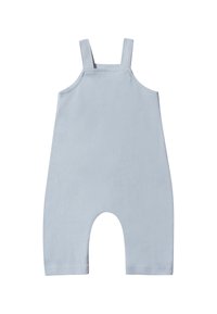 Hellblauer Baumwoll-Overall mit dünnen Schulterträgern und einem runden Ausschnitt am Boden. Verfügt über nahtloses Design und eine weiche Textur.