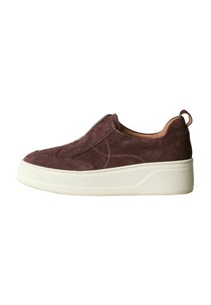 Burgundy suede slip-on shoe with a thick white platform sole, decorative stitching, and a pull tab at the heel for easy wear.