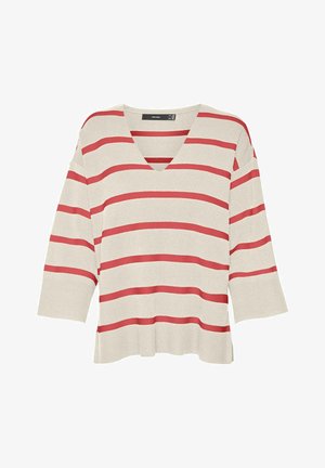 Creme pullover med røde vandrette striber, V-hals, trekvartærmer og ribbede manchetter. Blød stof med en afslappet pasform.