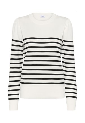 Melnbalts svītrots džemperis ar apaļu kakla izgriezumu, garām piedurknēm un ribotiem aprocēm; mīksta tekstūra ar horizontālām svītrām pāri ķermenim.