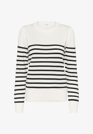 Svjetlucavi crno-bijeli prugasti pulover s okruglim izrezom, dugim rukavima i rebrastim manžetama; mekana tekstura s horizontalnim prugama preko tijela.