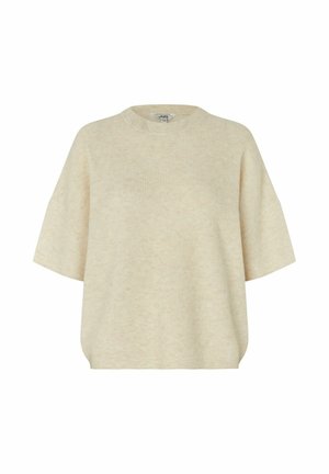 Maglione beige a maniche corte in maglia con scollo rotondo e vestibilità ampia, mostrato su uno sfondo bianco semplice.