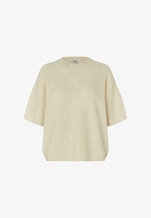 Beež lühikeste varrukatega kampsun, ümara kaelusega ja lõdvalt istuv, valgel taustal eksponeeritud.