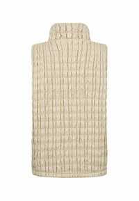 Vesta puffer bej cu guler înalt, având o textură matlasată și un model cusut, concepută pentru izolare și confort.