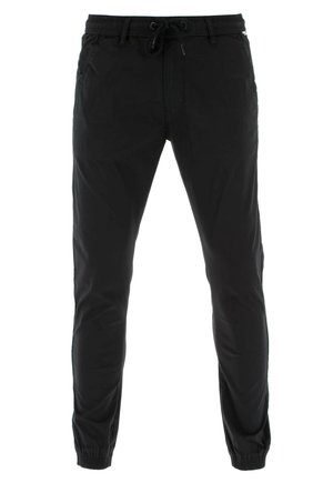 Schwarze Jogginghosen aus leichtem Material, mit einem elastischen Bündchen und Kordelzug, sowie gerippten Bündchen an den Knöcheln.