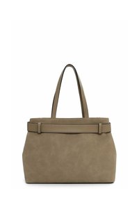Borsa in suede beige con due manici robusti, design strutturato, fondo piatto e una sottile cucitura decorativa lungo il bordo superiore.