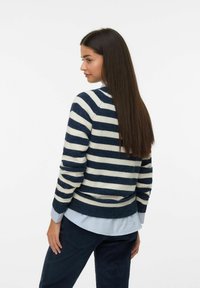 Pull Rayé bleu marine et blanc avec un col rond, des poignets et un ourlet côtelés. Porté par-dessus une chemise bleu clair, montrant une texture tricotée douce.