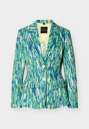 Γυναικείο σακάκι σε στενή γραμμή με πράσινο, μπλε και λευκό αφηρημένο μοτίβο πινελιών, δύο κουμπιά, πέτο με εγκοπή και τσέπες με καπάκι.