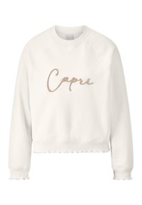 Bijela dukserica s valovitim rubom i manžetama. Na prsima izvezeno zlatnim slovima "Capri". Mekana tekstura, raglan rukavi.