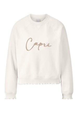 Bijela dukserica s valovitim rubom i manžetama. Na prsima izvezeno zlatnim slovima "Capri". Mekana tekstura, raglan rukavi.