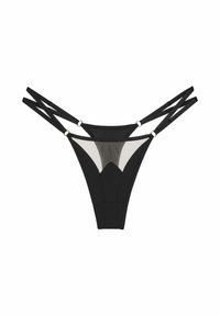 Schwarzer Tanga mit durchsichtigen Mesh-Panels, ausgestattet mit überkreuzten elastischen Trägern und goldfarbenen Hardware-Details, die ein geometrisches Design betonen.