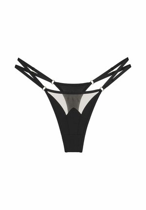 Zwarte string met doorzichtige gaaspanelen, voorzien van kruisende elastische banden en gouden hardware-accenten, die een geometrisch ontwerp benadrukken.