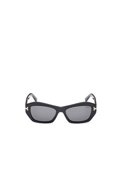 Gafas de sol negras con un diseño angular y geométrico. Lentes oscuros, detalles en tono dorado en las patillas y un acabado mate suave.