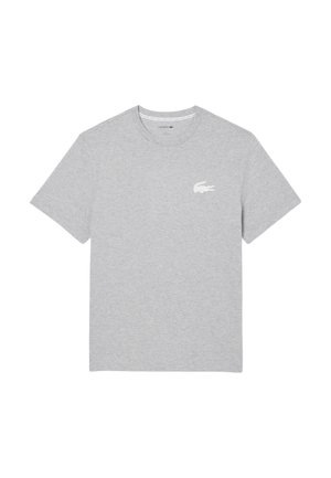 Hellgraues T-Shirt mit kurzen Ärmeln und Rundhalsausschnitt mit kleinem weißem Krokodil-Logo auf der linken Brustseite.