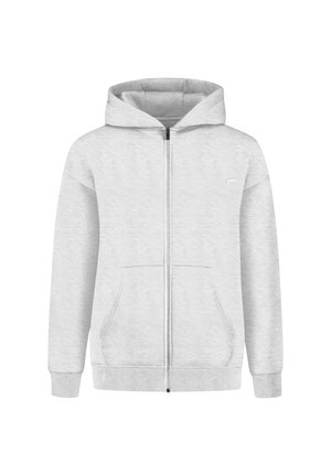 Grå zip-up hoodie lavet af blødt stof, med en kengurulomme, snoretræk til hætten, ribbede manchetter og et lille logo på brystet.