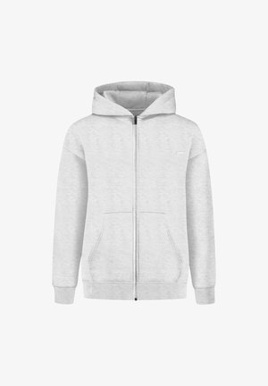 Grau gefütterte Kapuzenjacke aus weichem Stoff, mit Kängurutasche, verstellbarem Kordelzug an der Kapuze, gerippten Bündchen und einem kleinen Logo auf der Brust.