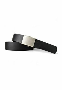 Black leather belt with a wide strap and a rectangular silver metal buckle. Smooth texture, clean lines, and simple design.