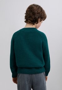 Suéter tejido de color verde azulado con dobladillo y puños acanalados, con cuello redondo y mangas ranglán, mostrado desde atrás.