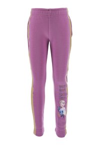 Lila Jogginghose mit elastischem Bund; besitzt goldene Seitenstreifen und ein bedrucktes Bild eines Charakters mit dem Text "ELSA" daneben.