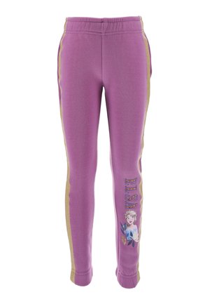 Lila Jogginghose mit elastischem Bund; besitzt goldene Seitenstreifen und ein bedrucktes Bild eines Charakters mit dem Text "ELSA" daneben.