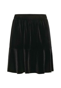 Zwarte fluwelen rok met een elastische tailleband, gelaagd ontwerp en een gladde, glanzende textuur. Uitlopende vorm met een knielange snit.