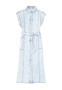 Hellblaues Denim-Kleid mit Hemdkragen, kurzen Ärmeln, Knopfleiste und einem Stoffgürtel. Verfügt über seitliche Taschen und vertikale Nähte.