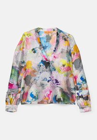 Colorful blouse with a V-neck, covered in abstract floral patterns. Made from lightweight textured fabric with long sleeves and cuff details.