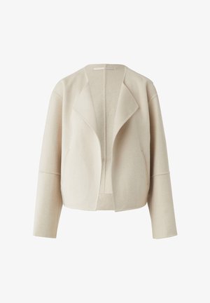 Beige, kurze Wolljacke mit Schalkragen, Seitentaschen und geripptem Saum. Glatte Textur und weite Ärmel sorgen für eine entspannte Passform.